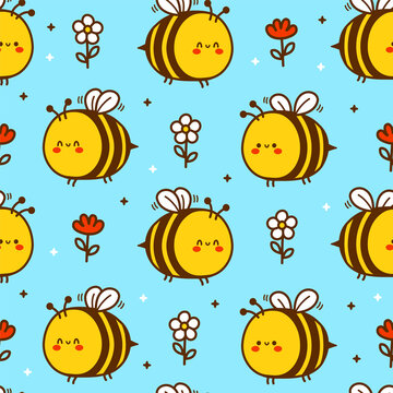 Cute funny bee,flowers cartoon kids seamless pattern. Vector hand drawn cartoon kawaii character illustration icon. Cute bee,honey,flower cartoon kawaii child seamless pattern concept