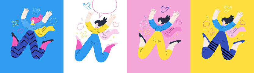 Happiness - happy people jumping in the air cheerfully