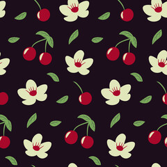 Seamless cherry pattern. Berries, leaves and flowers on dark purple background. Color vector illustration.