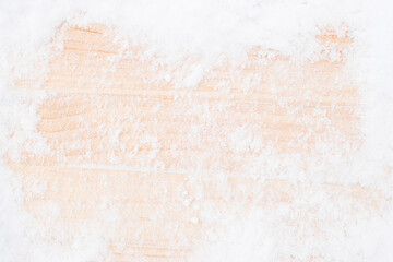 Fototapeta premium Table snow. Winter wooden texture background. Christmas board with old rustic wood wall, white frozen ice. Merry Christmas holiday card pattern.