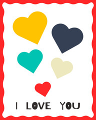 Valentine's Day card with lettering and colorful hearts. Vector illustration.