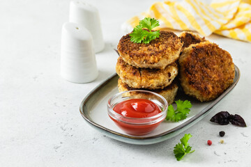Zucchini chicken rissoles with ketchup. Space for text.