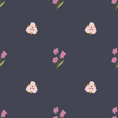 Simple seamless pattern with pink flowers illustrations on black background. For prints, backgrounds, wrapping paper, textile, linen, wallpaper, etc.