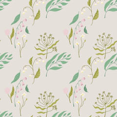 Seamless pattern with abstract modern flowers and leaves on gray background. For prints, backgrounds, wrapping paper, textile, linen, wallpaper, etc.