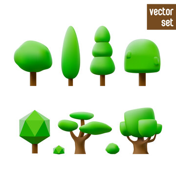 Cartoon trees vector set. 3D style illustration.