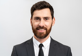 Portrait of charming adult businessman true boss feeling content emotions while posing isolated over white color background