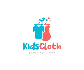 Clothes for little boys and girls logo design. Children clothes on a hanger with bird vector design. Baby shirt and dress, kids apparel logotype