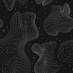 Deformed flex distorted grid in space, psychedelic acid lines seamless pattern.Vector graphic illustration.Psychedelic grid,distortion,techno,acid trippy seamless pattern print