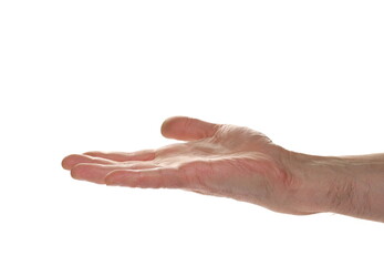 Human hand shows gestures, side view, isolated on white background - obrazy, fototapety, plakaty