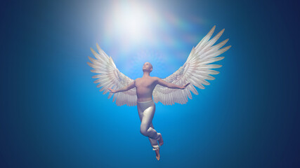 3d illustration of a flying angel striving for light