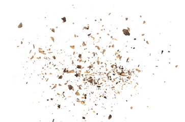 Ash with burned, cardboard scraps scattered, pieces explosion effect isolated on white background,...