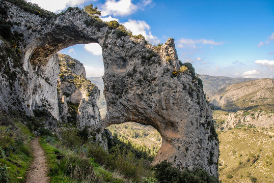 Els Arcs, double rock arch above Castell de Castells, Alicante Province, Spain