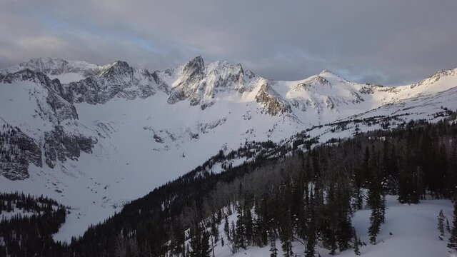 Flying towards majestic mountain range, Crazy Mountains Montana 