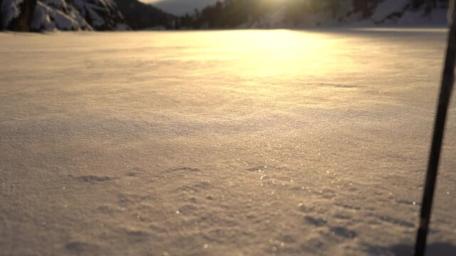 Cross country skis on fresh snow in slow motion 