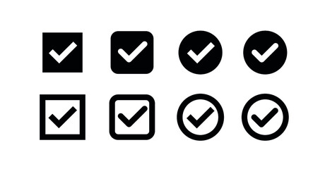 Set of check marks icons in a square, in a circle. Tick marks: Accepted, Approved, Yes, Correct, Ok, Right Choices, Task Completion, Voting. Test question symbol.