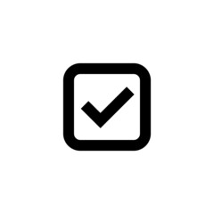 Check mark icon in a square. Tick marks: Accepted, Approved, Yes, Correct, Ok, Right Choices, Task Completion, Voting. Test question symbol. Isolated raster illustration on white background.