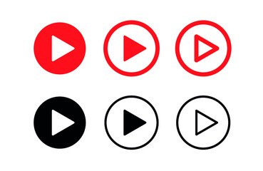 Play button icons set. Video and music play icon. A triangle within a circle is a media player symbol. Video and audio multimedia reproduction. Isolated vector illustration on white background.