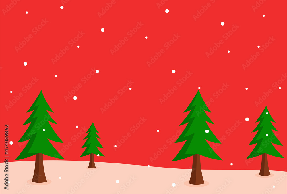 Poster minimalist background with christmas theme color with some trees and snow fall and some copy space a