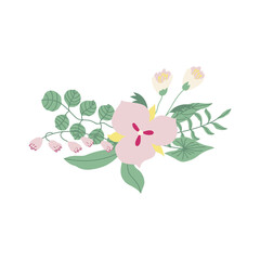 Floral bouquet hand drawn flat illustration. Head of pink flower with branches with leaves and bell flowers. Vector isolated on white background. 