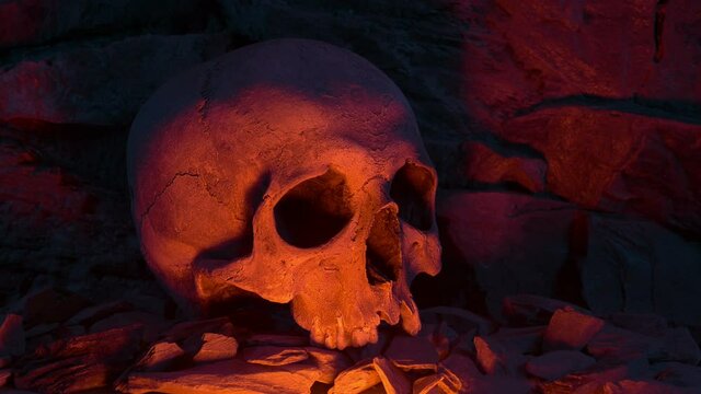 Fire Lights Up Skull In Cave