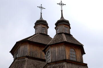 Old wooden vintage church on Easter day, Orthodox Christian church of Zaporizhzhya Cossacks on Khortytsya island in Ukrainian Zaporozhye city. Ukraine