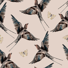 Seamless pattern with watercolor birds and butterfly on beige background.