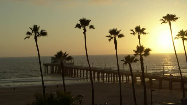 Aerial Panning Tall Palm Trees And A Pier At Sunset With Gentle Crashing Waves Along The Beach - Los Angeles, California