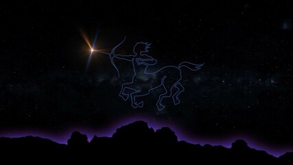 sagittarius zodiac symbol with mountains silhouette and starry sky in the background 