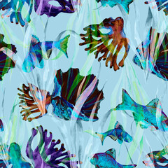 Marine seamless pattern with fish, coral and shell on blue background.