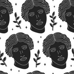 Ancient Greek Venus head monochrome seamless pattern. Vector black and white hand drawn doodle line cartoon character illustration. Venera, Venus Greek, Greece statue print seamless pattern concept