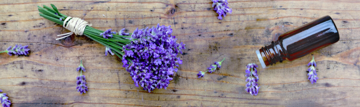 top view on bottle of essential oil and bouquet of  lavender flowers arranged on a wooden background