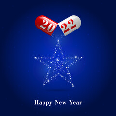 Capsule 2022 and powder in the form of a star on a blue background. banner concept Happy new year and merry christmas. Vector, illustration