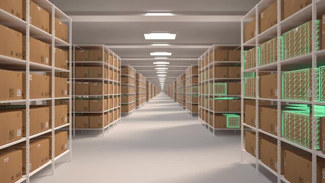 Flight through the warehouse. Shelves with cardboard boxes in a white clean warehouse. Seamless looped first-person shot. Realistic high-quality 3d rendering animation. Futuristic flashes
