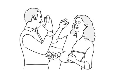 Happy man and woman give five. Informal greeting.