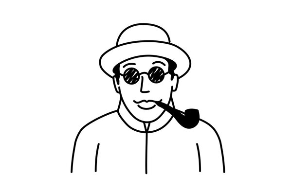 Portrait of a spy with glasses and a smoking pipe.