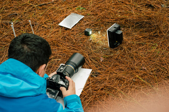 Photographer taking photo of toadstool mushrooms
