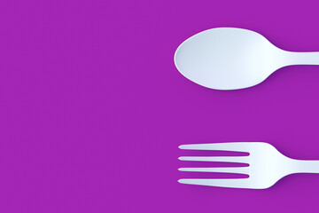 White fork and spoon on violet background. Copy space. Top view. 3d render