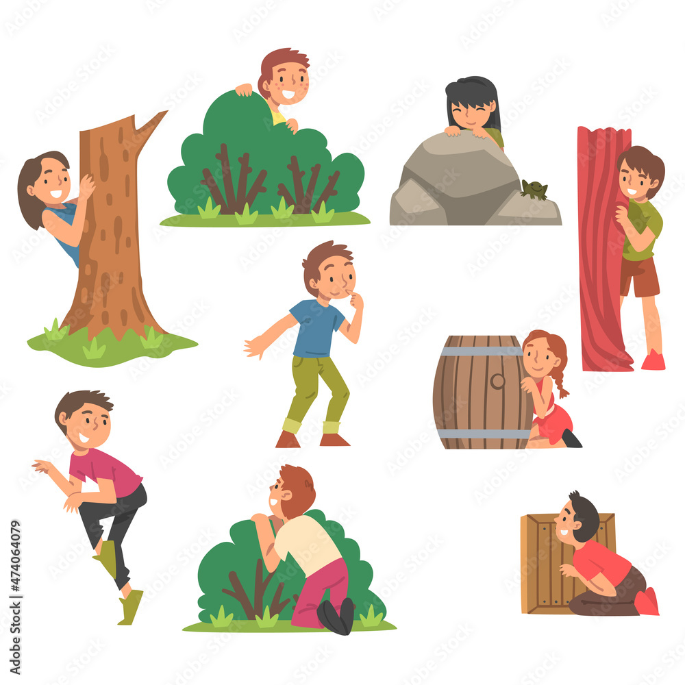Poster kids playing hide and seek concealing behind tree and bush vector set