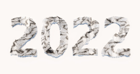 3d rendering. New year 2022 date made of white fur with gray stripes isolated on white background. Graphic illustration for your design.
