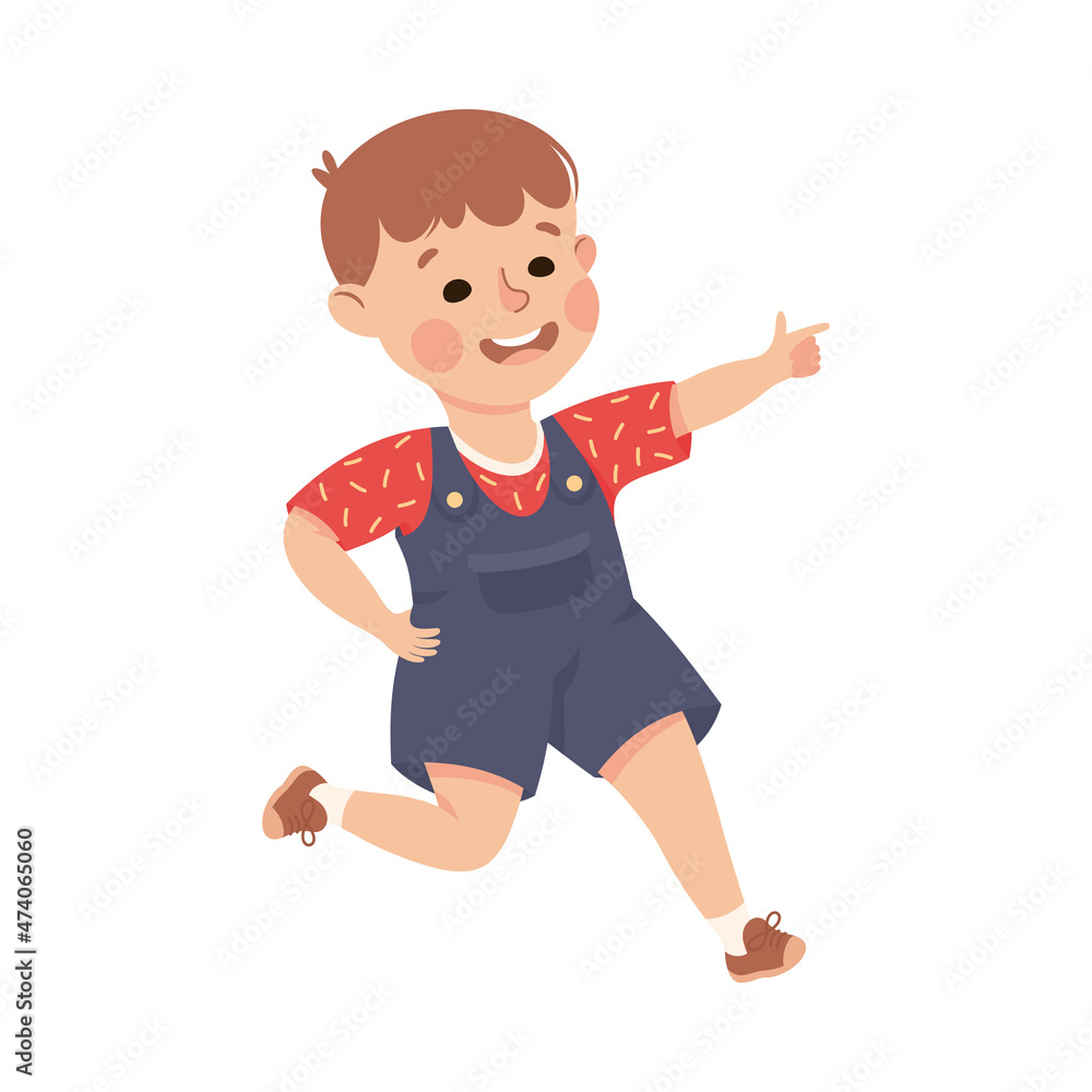 Poster funny boy pointing at something with extending hand and index finger vector illustration