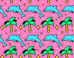 90s pink retro vintage palm and jump dolphin seamless pattern. Vector cartoon doodle character illustration wallpaper design. 90s,80s,dolphin,palm print for poster,t-shirt seamless pattern concept