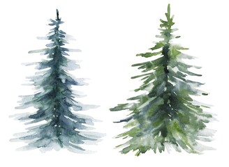 Watercolor christmas fir tree set on white background. Watercolour illustration.