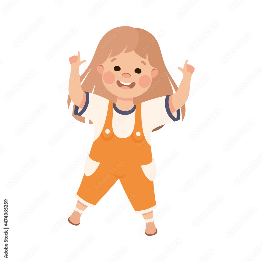 Poster funny girl in orange jumpsuit pointing at something with extending hand and index finger vector illu