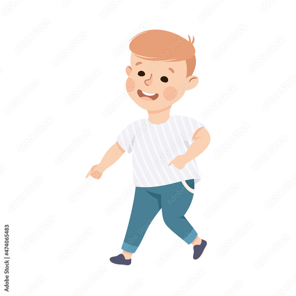 Poster funny boy pointing at something with extending hand and index finger vector illustration