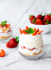 Traditional English strawberry trifle. Individual glass with healthy dessert of yogurt, granola and...