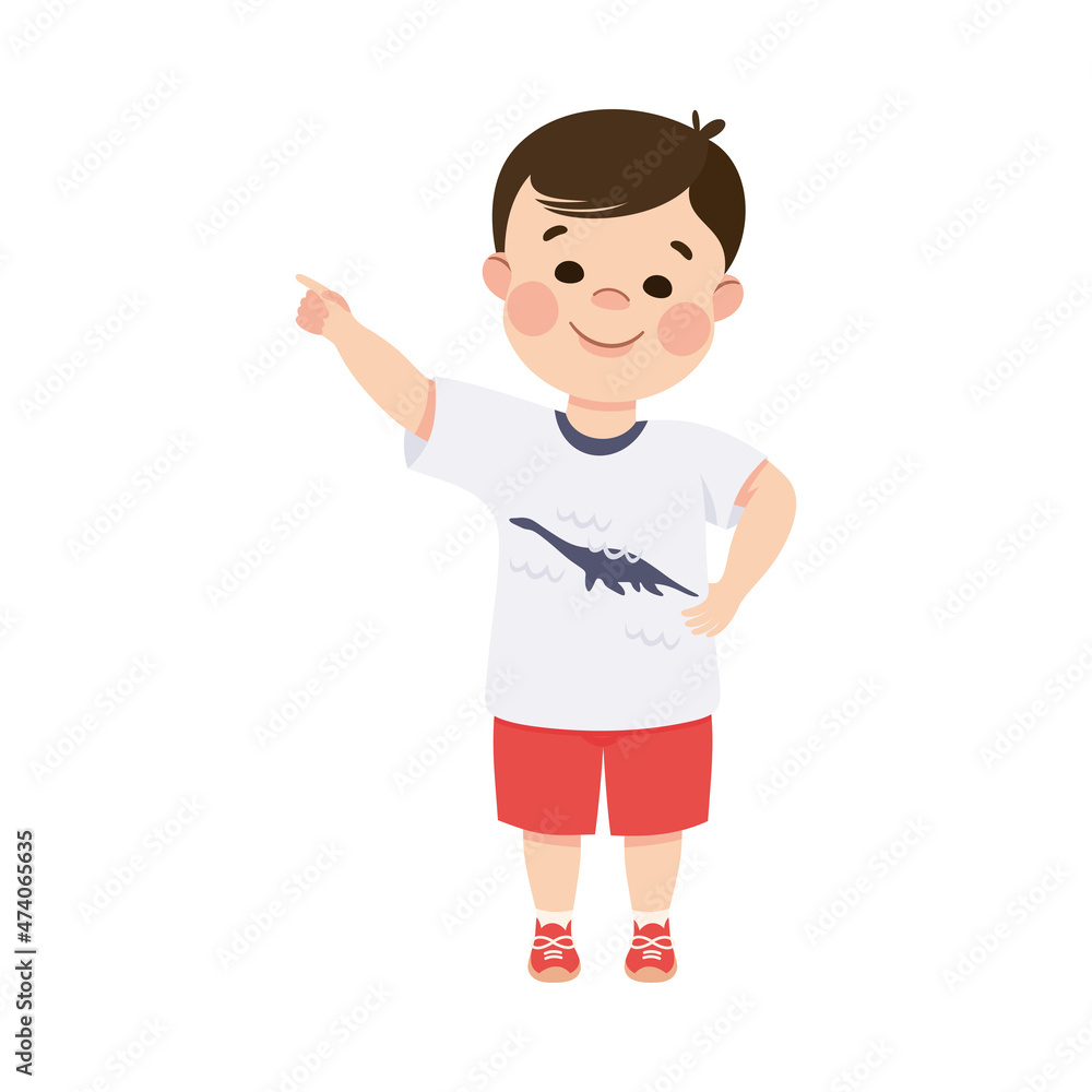 Poster funny boy pointing at something with extending hand and index finger vector illustration