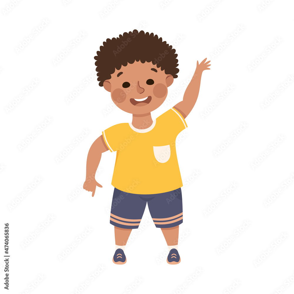 Poster funny boy pointing at something with extending hand and index finger vector illustration