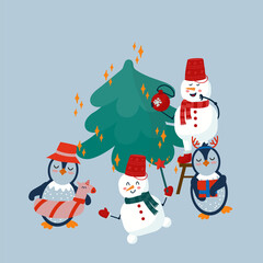 Illustration of Christmas and New Year with seasonal elements. Cartoon Festive scene. Winter poster with Penguins and snowmen decorate the Christmas tree. . Vector illustration