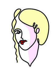 One line drawing of blond woman face.
One continuous line drawing of woman portrait.
