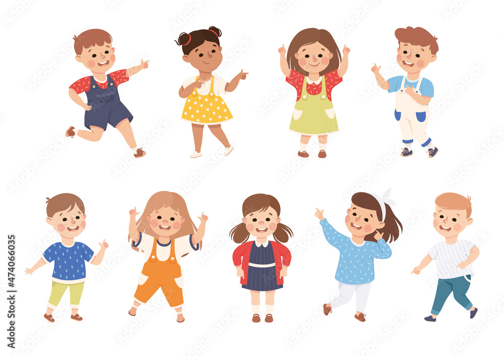Poster funny kids pointing at something with extending hand and index finger vector set